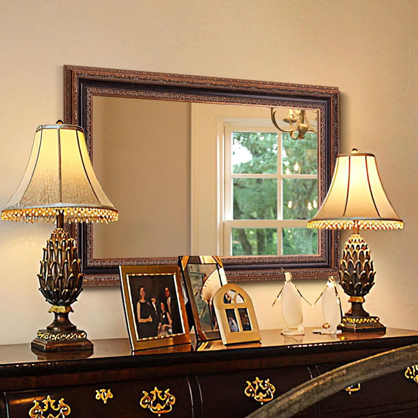 Vintage Accent Mirror 41.5" X 30", Bronze Antique Mirror with Handmade Aging 3D Carvings Wood Frame for Entryway, Living Room, Bathroom and Bedroom