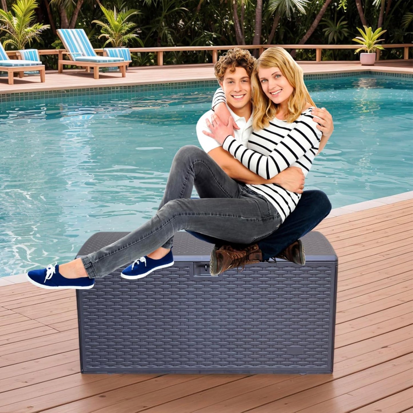 73 Gallon Large Storage Box with Lid,Waterproof Outdoor Storage Container for Patio Furniture Cushions, Gardening Tools, Pool Accessories, Lockable Resin Deck Box with handle Brown