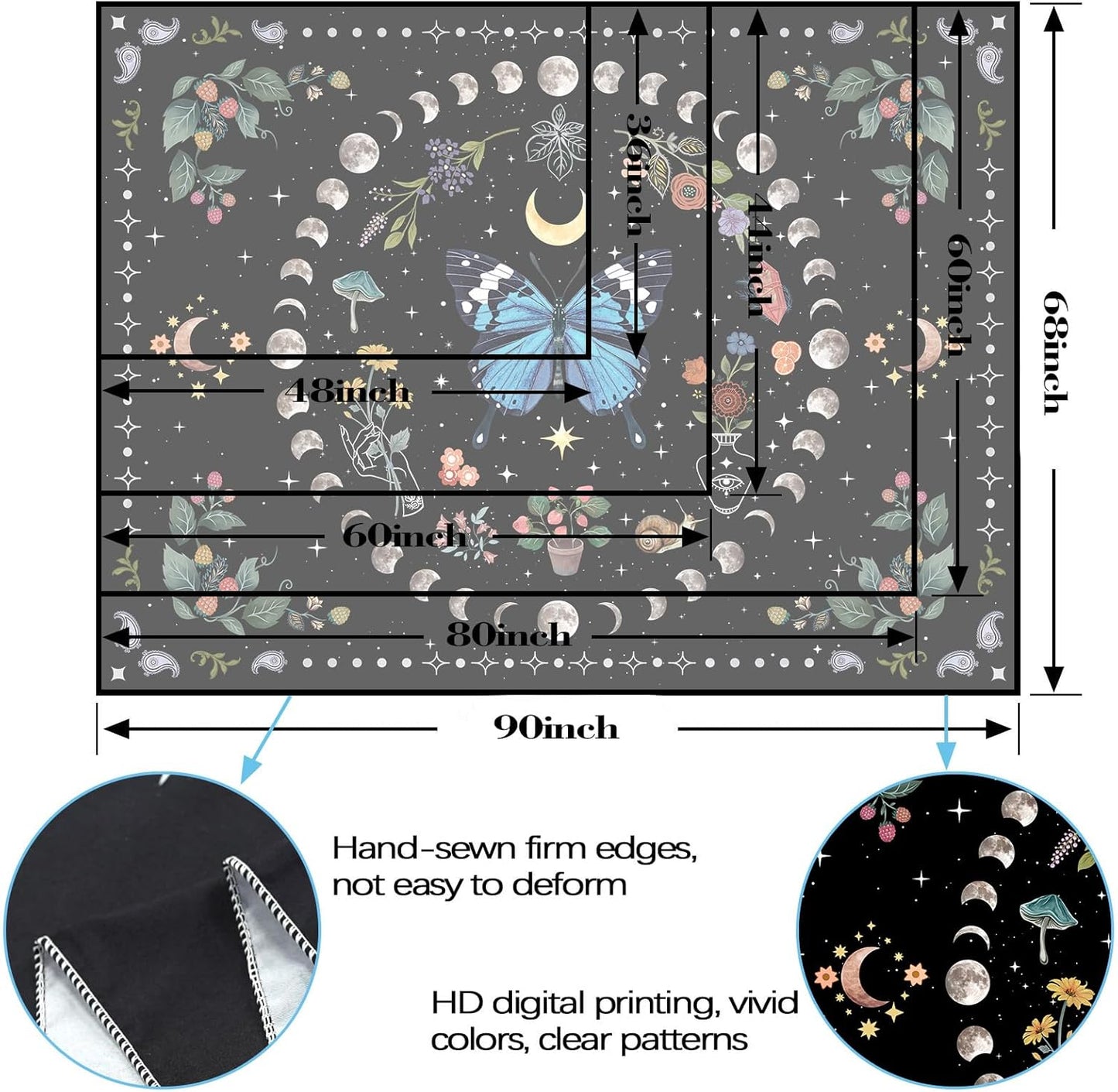 Aipon Blue Butterfly Moon Flower Wall Hanging - Botanical Boho Floral Tapestry for Bedroom & Living Room (44.00" x 60.00", Blue)