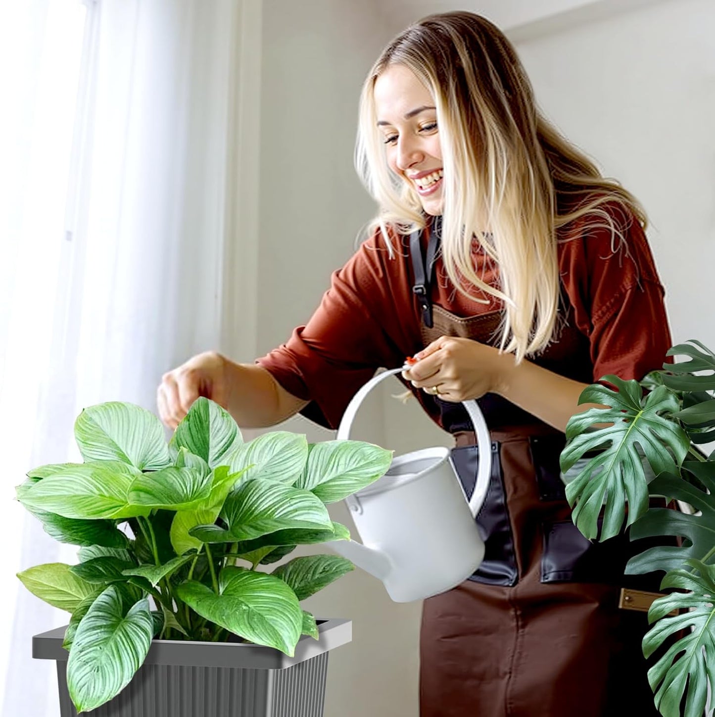 FENCY Set of 2 Tall Planters for Outdoor Plants, 24 Inch Large Tapered Pots with Drainage Trays, Weather-Resistant Plastic Plant Containers for Patio, Porch, Garden, Front Door Decor,Gray,Striped