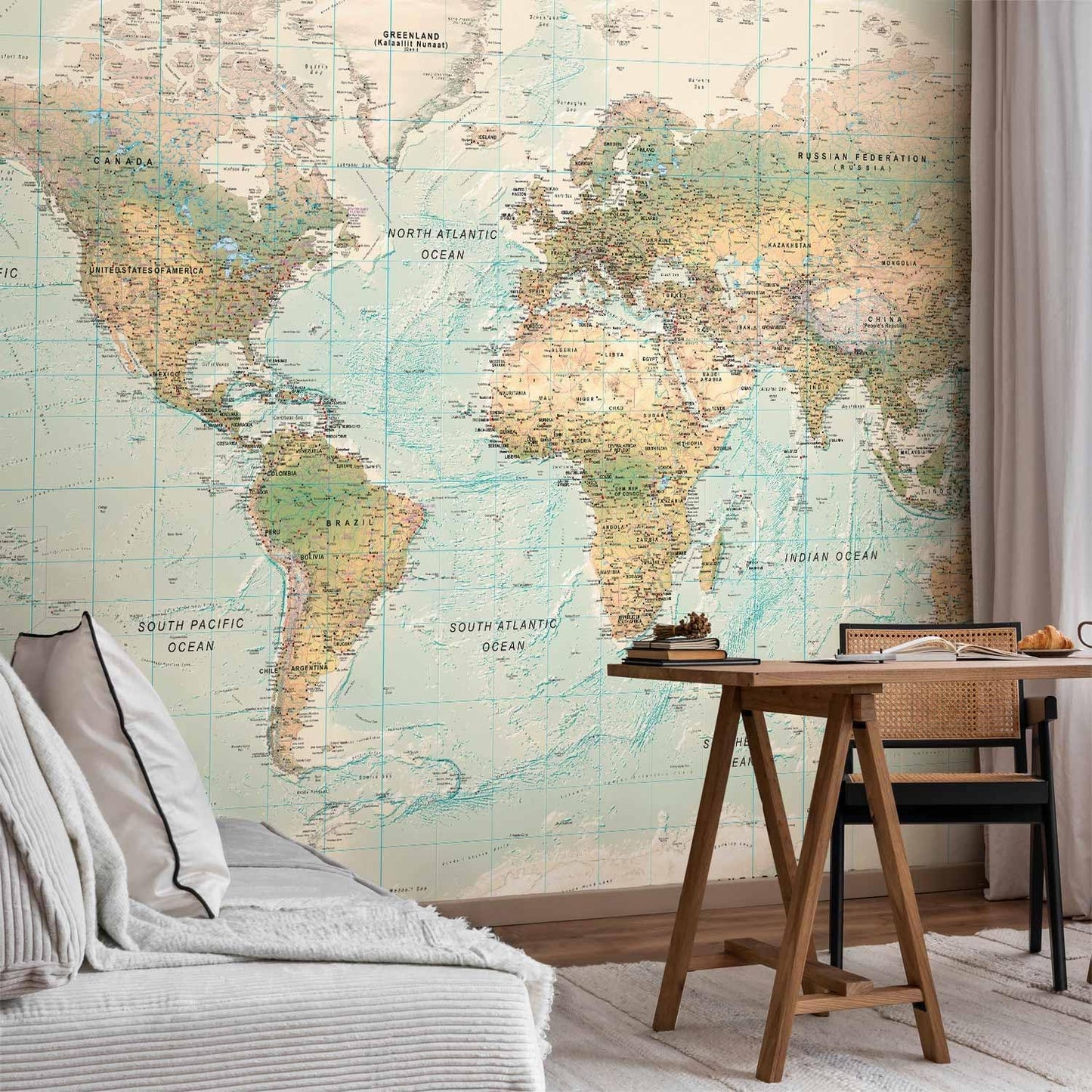artgeist Premium Wall Mural World Map 177x124 in - XXL Non-Woven Wallpaper Fleece Wall Decor Photo Print Picture Image Design Home Map of The World k-A-0091-a-d