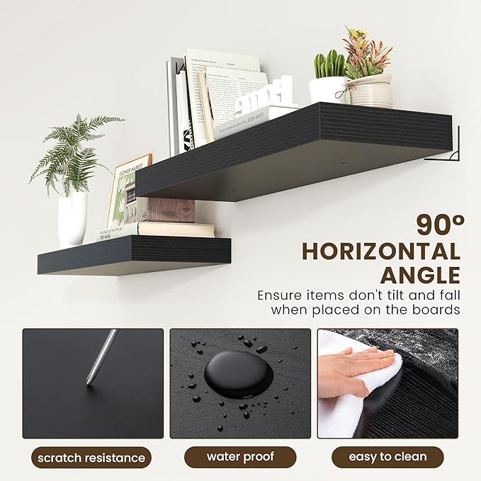 Deep Floating Shelves for Wall | 36 Inch Wide x 12 Inch Deep Black Floating Shelves | 36W x 12D Rustic Wood Wide Wall Shelves | Bookshelf Laundry Shelf TV Shelf