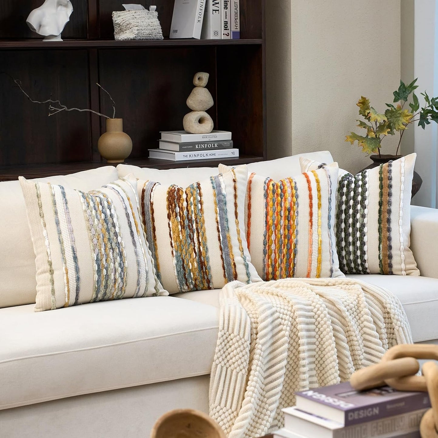 Aeckself Boho Pillow Covers 18x18 Inch Set of 2, Farmhouse Decorative Striped Square Chenille Tufted Accent Neutral Throw Pillow Covers for Living Room Couch Bed, Gray Blue