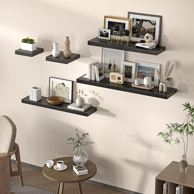 Floating Shelves for Wall, 48" W x 9.3" D x 1.5" H, Wooden Wall Mounted Display Shelves with Invisible Brackets for Living Room, Bedroom, Bathroom, Kitchen Decor and Storage, Set of 1, Black