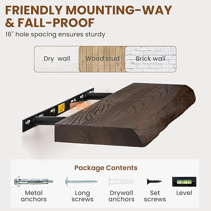 24" Floating Shelves, Live Edge Solid Elm Wood Floating Shelf, Wall Mounted Display Shelves with Heavy-Duty Bracket for Books, Rustic Wooden Shelf for Kitchen, Bathroom, Walnut Color, Set of 2