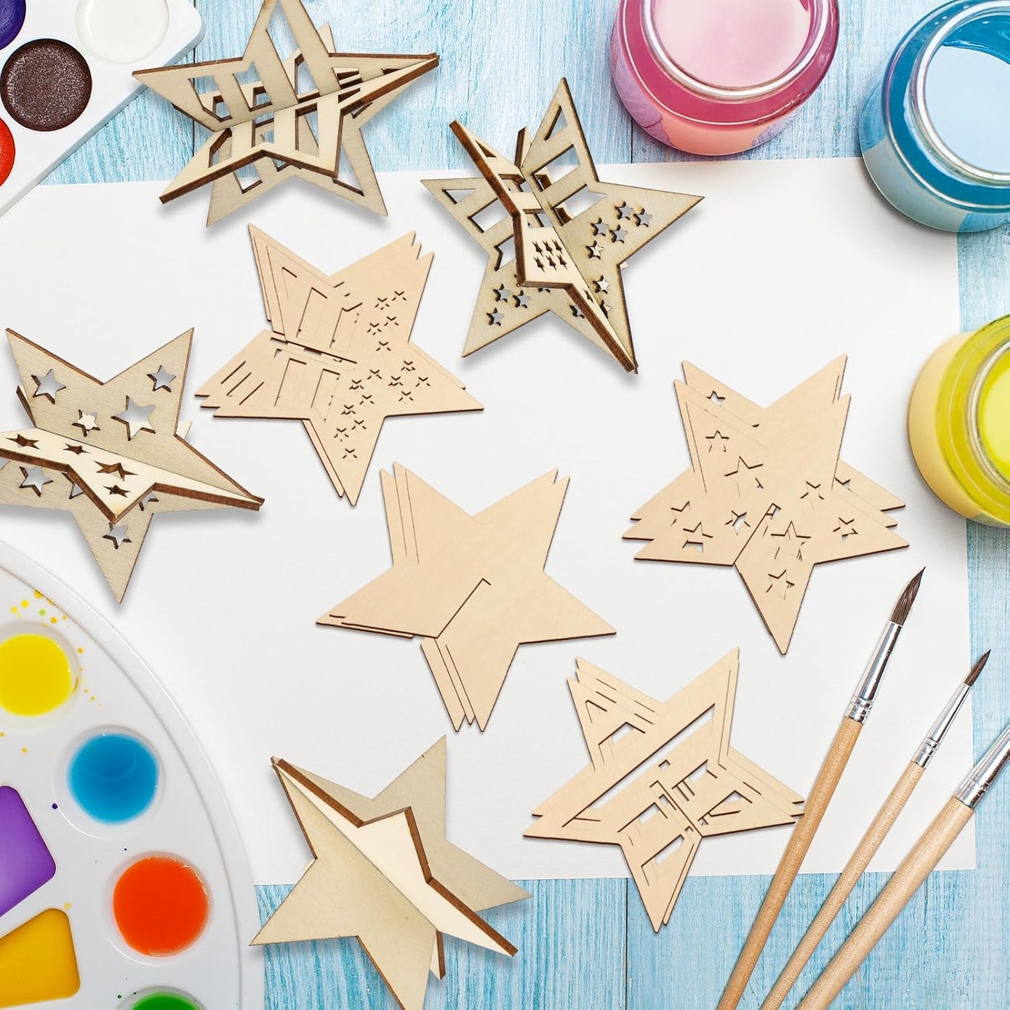 COCHIE DIY 3D 4th of July Stars Wood Crafts to Paint for Kids Adults, Paintable Unfinished Wooden Slices for Craft, Memorial Day Veterans Day Star Cutouts Ornaments for Painting Decorations (24 PCS)