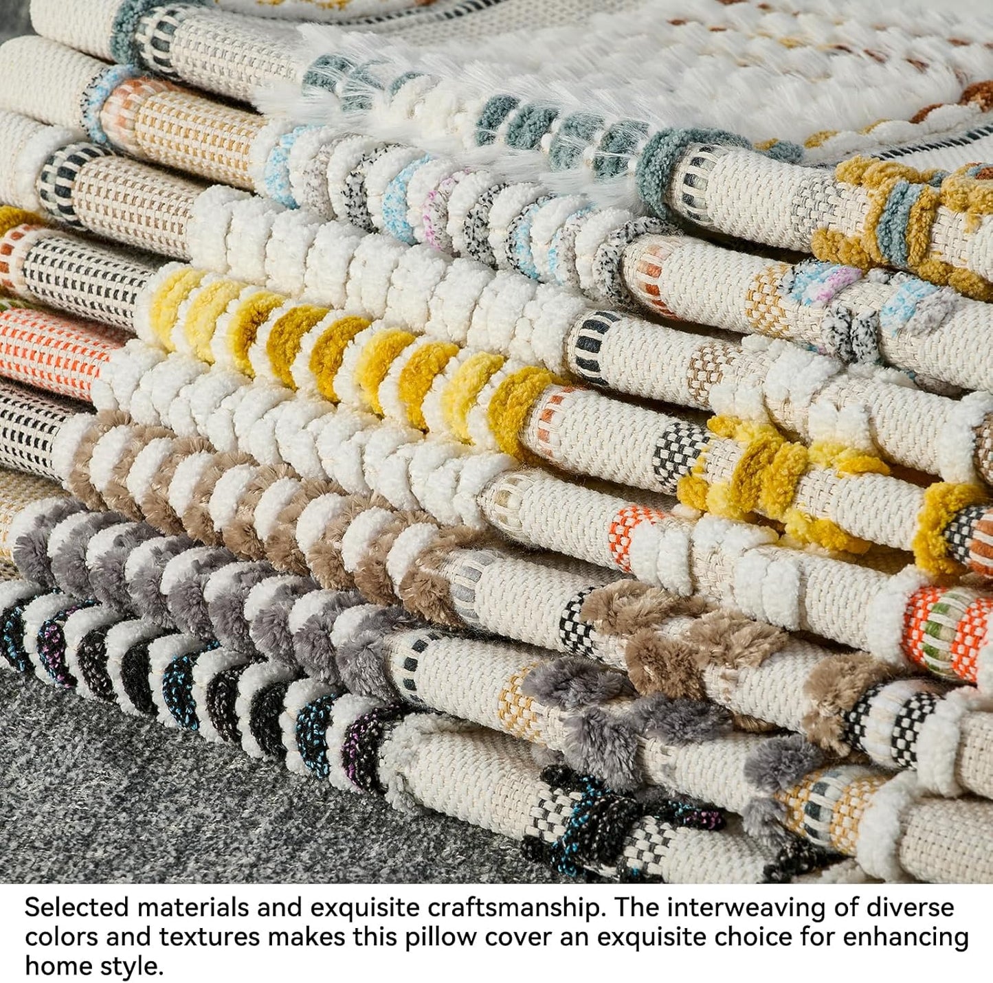 AmHoo Chenille Striped Textured Boho Throw Pillow Covers Aesthetic with Tassels Woven Decorative Pillow Case for Couch Bed Sofa Bedroom Modern Funky 18 x 18-Inch White Multicolor