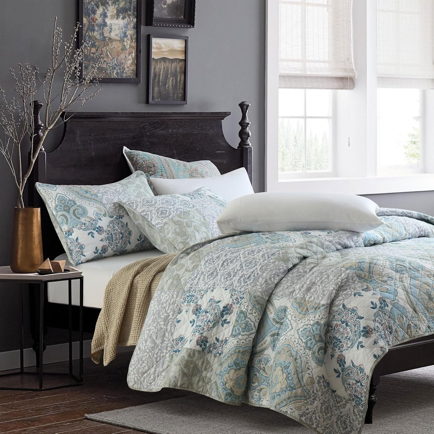 Secgo Queen Size Comforter Set- 100% Cotton Quilt Queen Size Set, Green, Sage bedspreads (90 * 96 Inch) with 2 Pillow Shams, Patchwork Reversible Lightweight Bedding