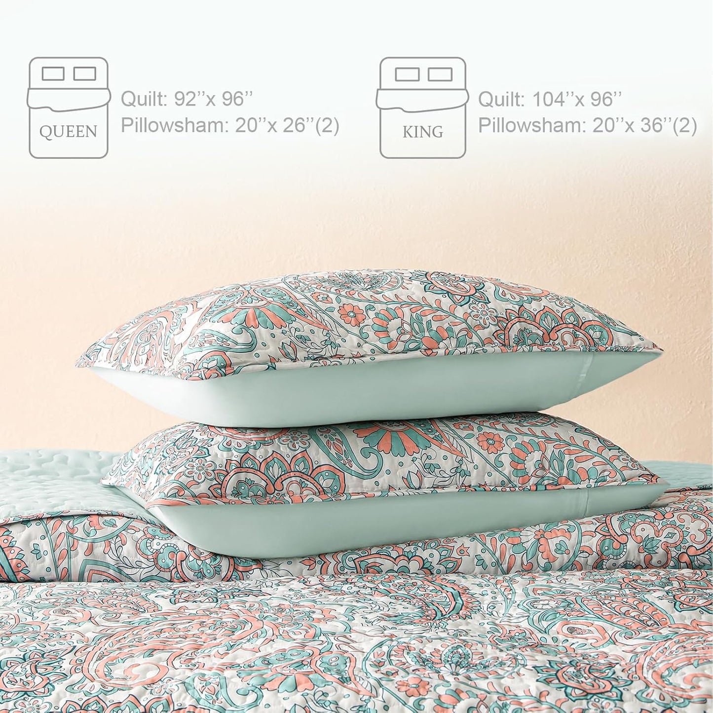 Exclusivo Mezcla Reversible Boho Quilt Set Queen Size, 3 Pieces Paisley Aqua All Season Bedspreads, Ultra Soft Floral Coverlet Bedding Set with Printed Pattern (1 Quilt, 2 Pillow Shams)