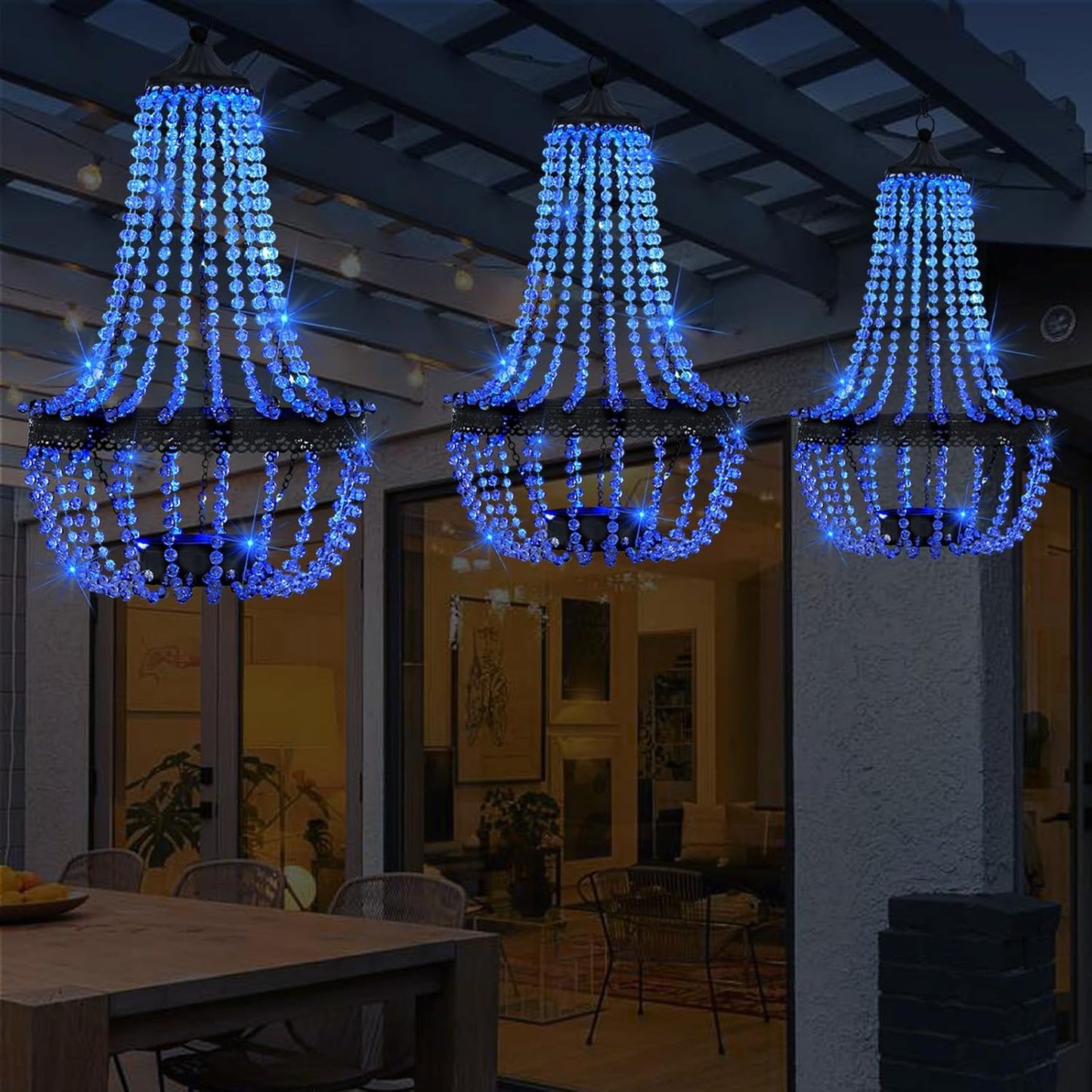 Hanging Solar Chandelier Outdoor, 30 Blue Lights Acrylic Clear Beaded Chandelier with S Hooks Modern Lantern for Garden Yard Patio Gazebo Decorations, 28”H