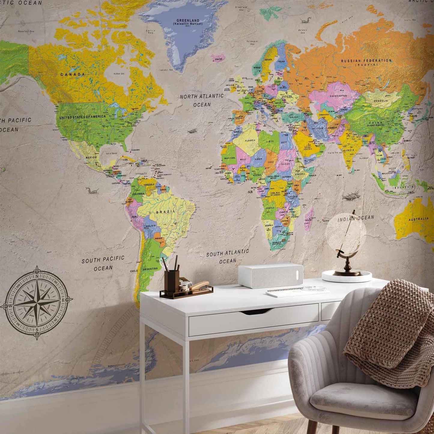 artgeist Premium Wall Mural World Map 98x69 in - XXL Non-Woven Wallpaper Fleece Wall Decor Photo Print Picture Image Design Home Map of The World k-A-0129-a-a
