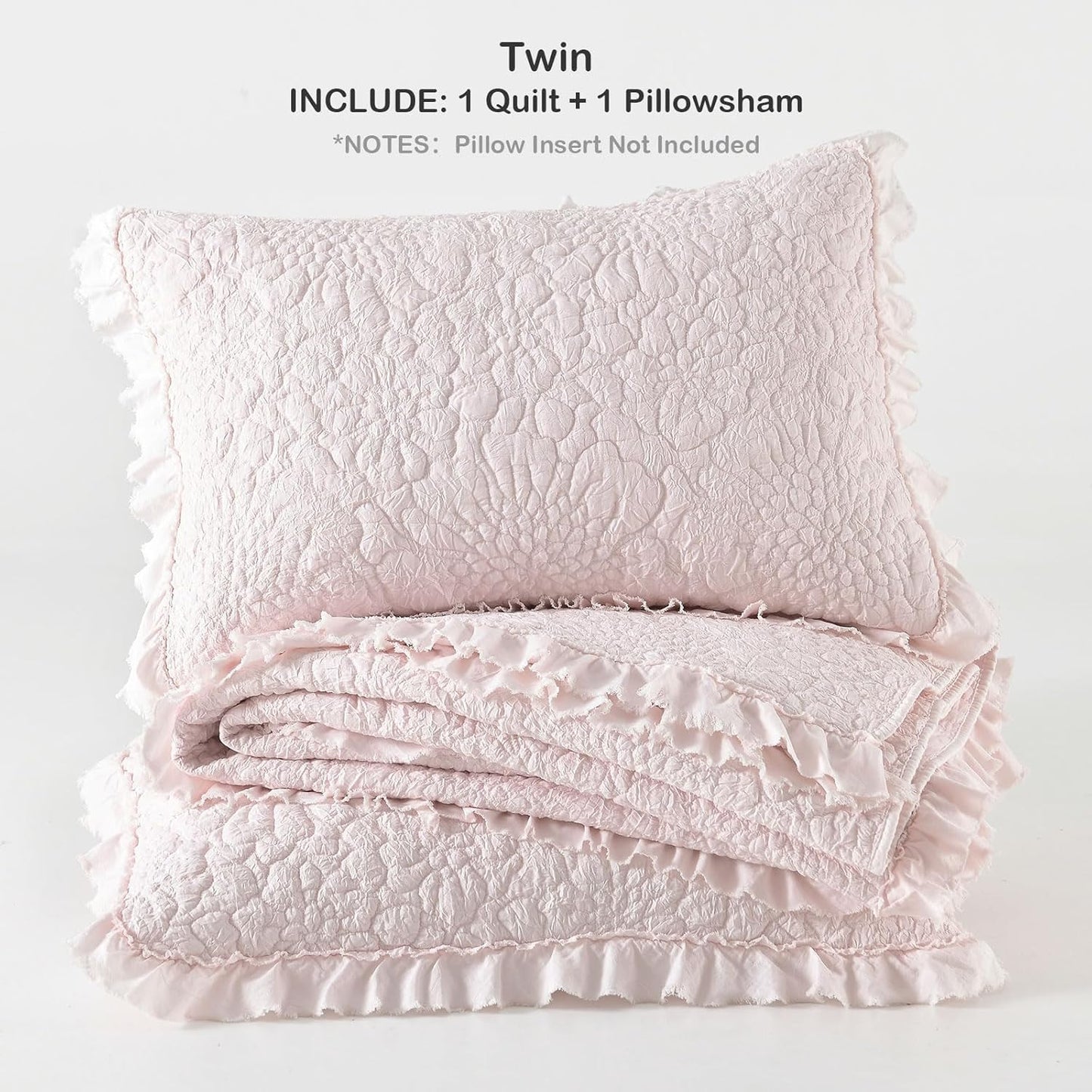 HORIMOTE HOME Pink Ruffled Quilt Twin Size, Stone-Washed Microfiber Lightweight Crinkled Farmhouse Rustic Shabby Chic Bedding Set, 2 Pieces Reversible Bedspread with Pillow Sham for All Season