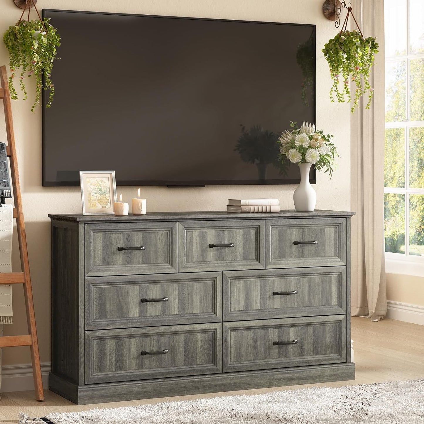 Farmhouse 7 Drawer Dresser for Bedroom, 55 Inch Wide Modern Grey Dresser TV Stand with Large Drawers & Bar Handles, Rustic Wood Chest of Drawers for Bedroom, Living Room, Hallway, Entryway.
