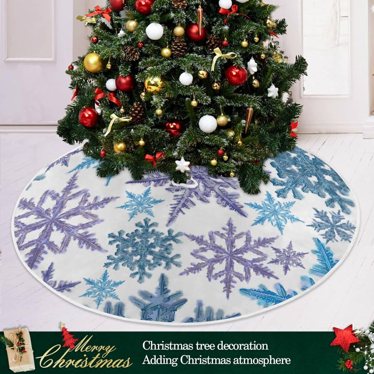 Christmas Purple Blue Snowflake Tree Skirt, Seasonal Tree Mat Holiday Party Supplies Ornaments Indoor Outdoor Decorations for Tabletop Trees 47.2 Inches