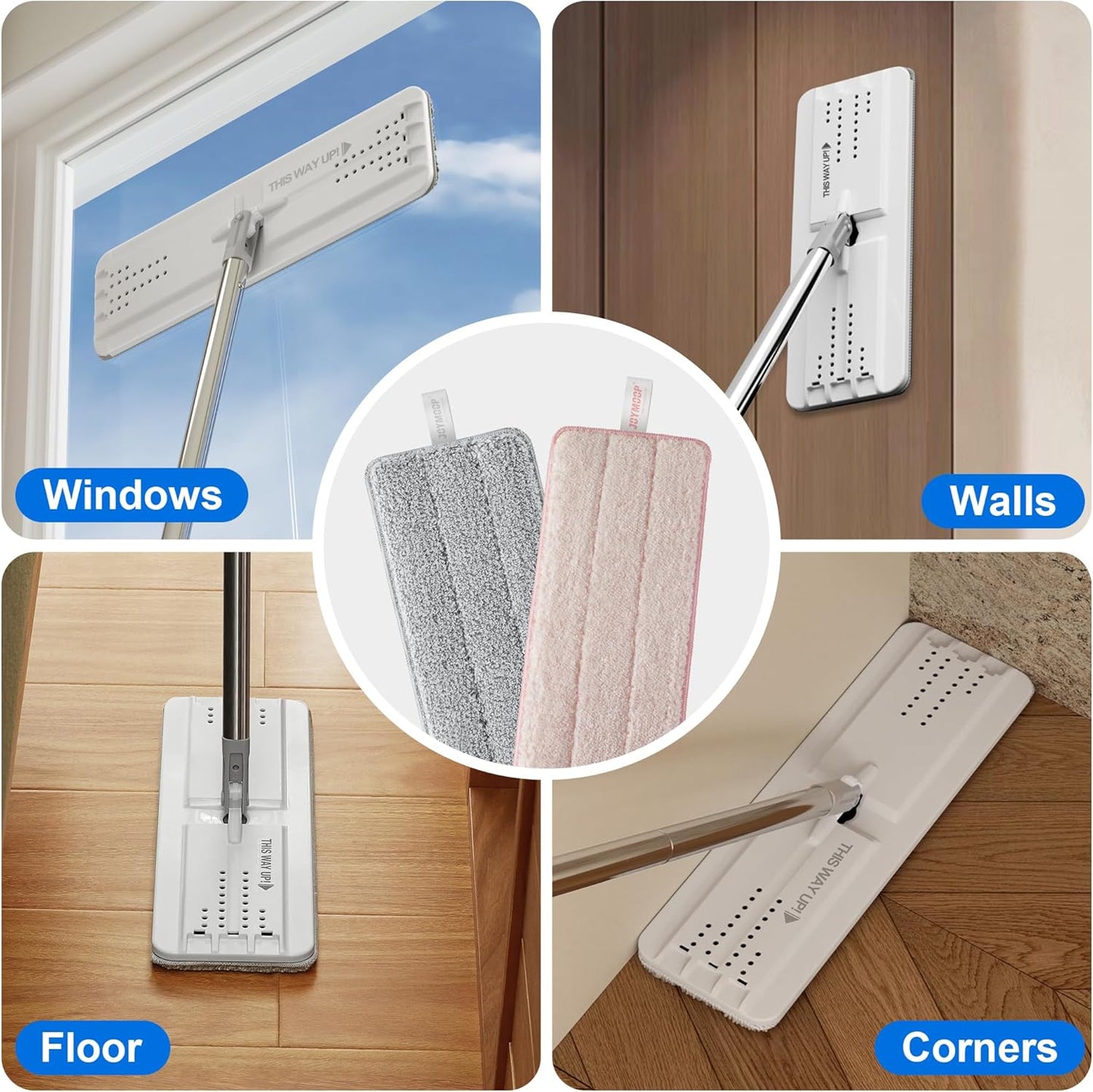 JOYMOOP Mop Replacement Pads, Reusable Microfiber Mop Pads for 13-inch Flat Mop and Mop Bucket Set, Pack of 2 Refills - Grey and Pink