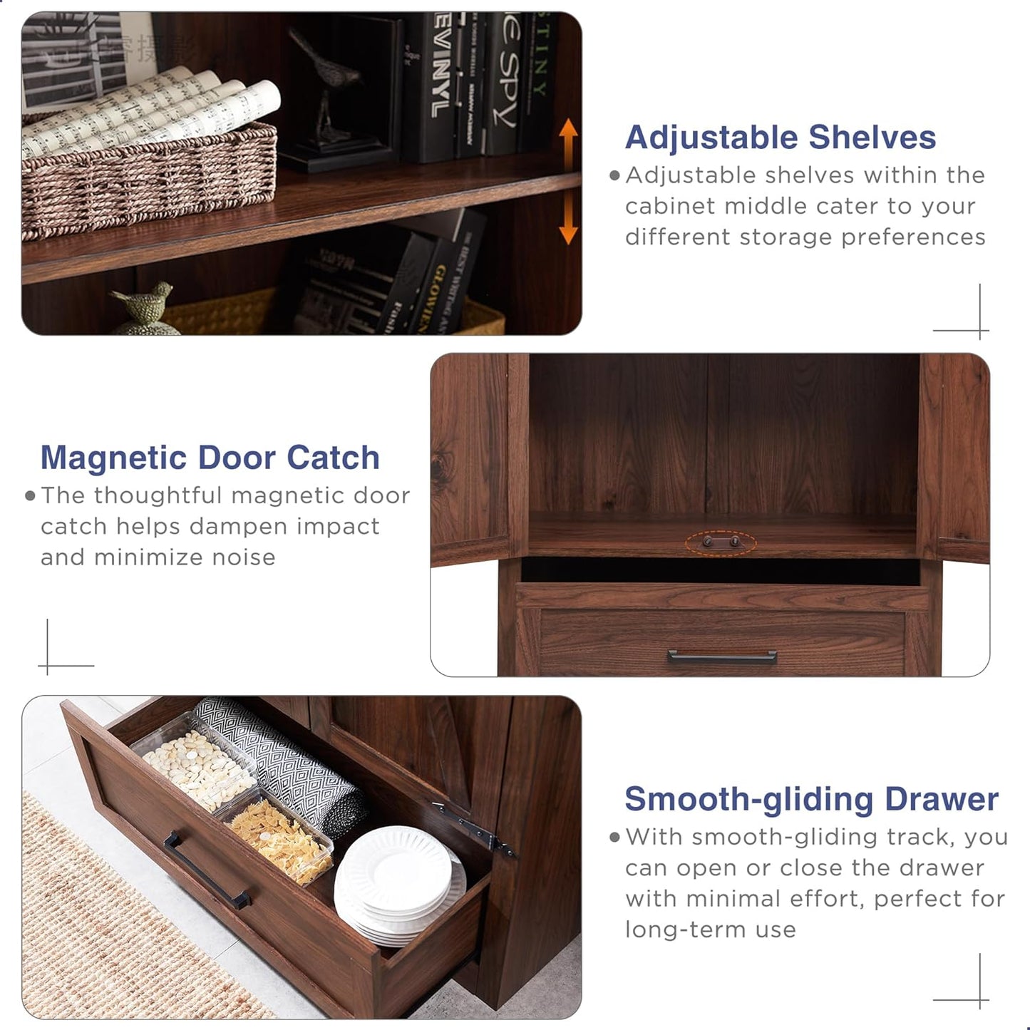 JXQTLINGMU Farmhouse Kitchen Pantry Cabinet - 72" Tall Wood Kitchen Storage Cabinets with Adjustable Shelves & 2 Barn Doors & Drawer, Versatile Storage for Dining Room, Bathroom, Rustic Brown