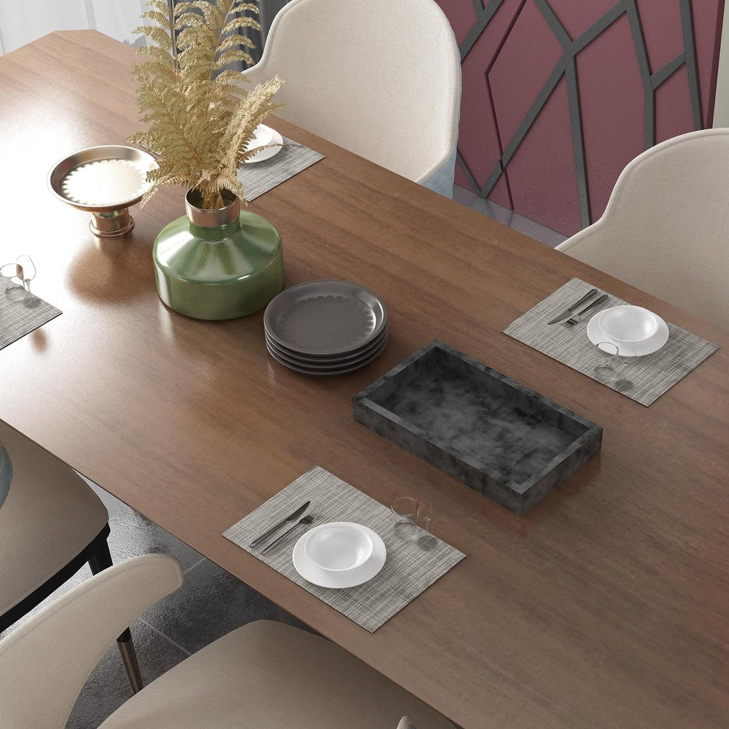 Placemats Set of 6 Washable Indoor/Outdoor Vinyl Place Mats for Dining Table Durable Non-Slip Heat Resistant PVC Weave Table Mats(Beige)