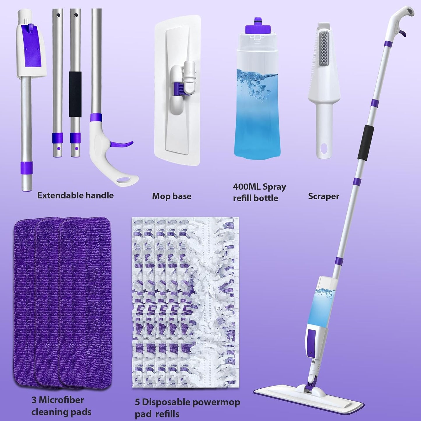 Spray Mop for Floor Cleaning with 60" Extension Handle, Dry/Wet Mop with 14oz Refillable Bottle, 3 Washable Pads&5 Disposable Refills for Hardwood Laminate Tile Floor Dust Cleaning.