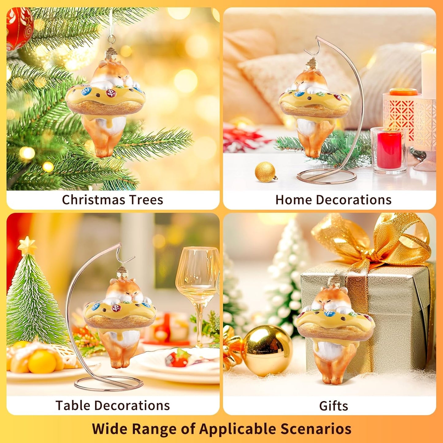 Cat Christmas Tree Ornaments,Hand-Blown Glass Ornaments,Cat Collection Hanging Ornaments,Donut Pendant Ornament,Glass Christmas Decorations for Animal Lovers Holiday Party Home Gifts