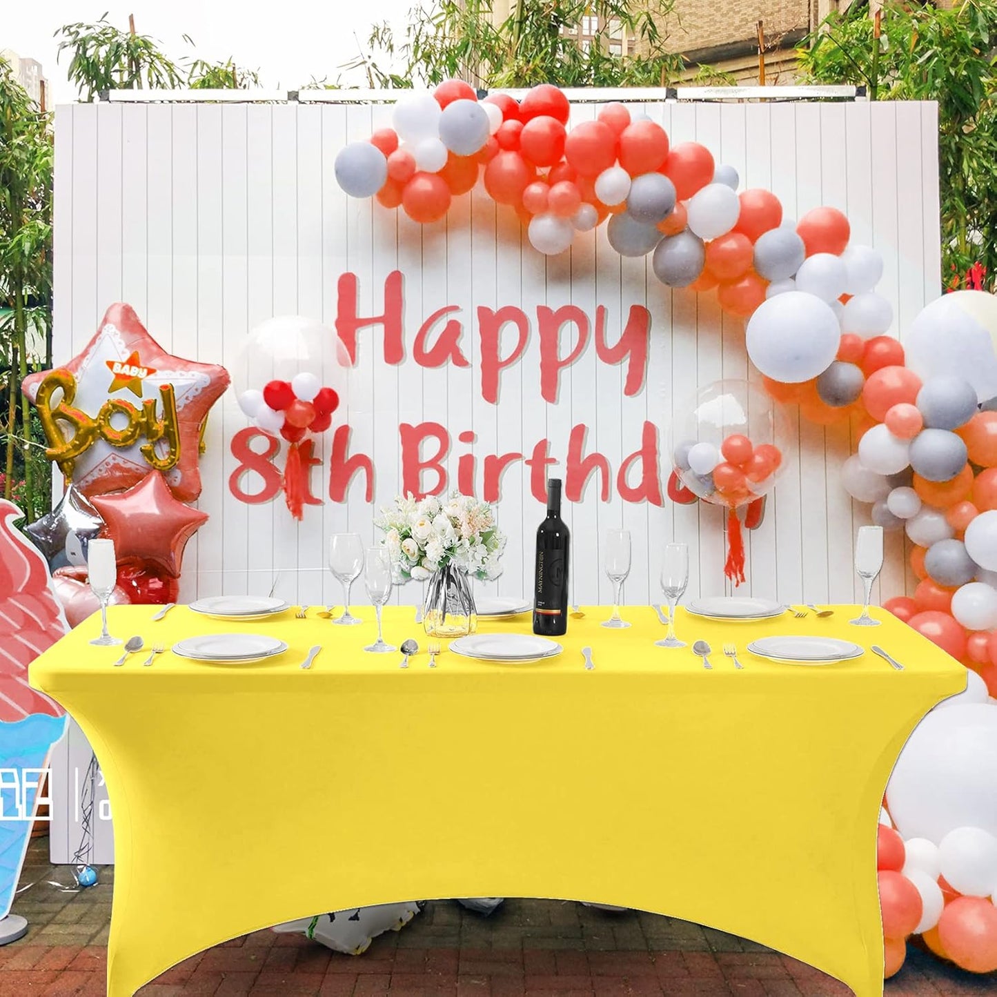 SuperO Waterproof Spandex Table Cover for 8FT Table Universal Fitted Stretch Tablecloth for Party, Banquet, Wedding and Events-Yellow