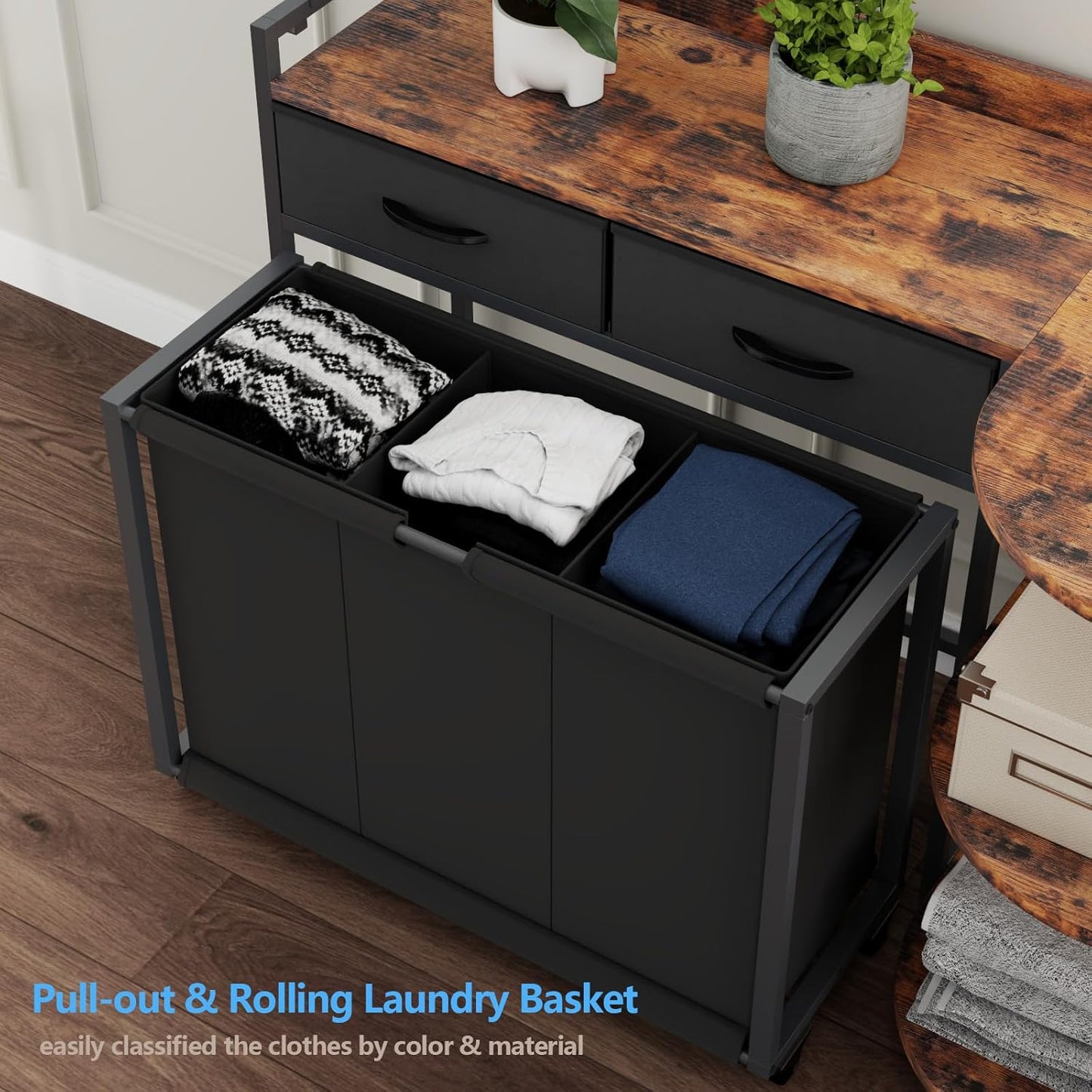 L Shaped Laundry Hamper Laundry Basket with 3 Section Pull-Out Rolling Bags & 3-Tier Storage Shelf, Laundry Sorter for Organization and Storage with 2 Drawers for Laundry Room