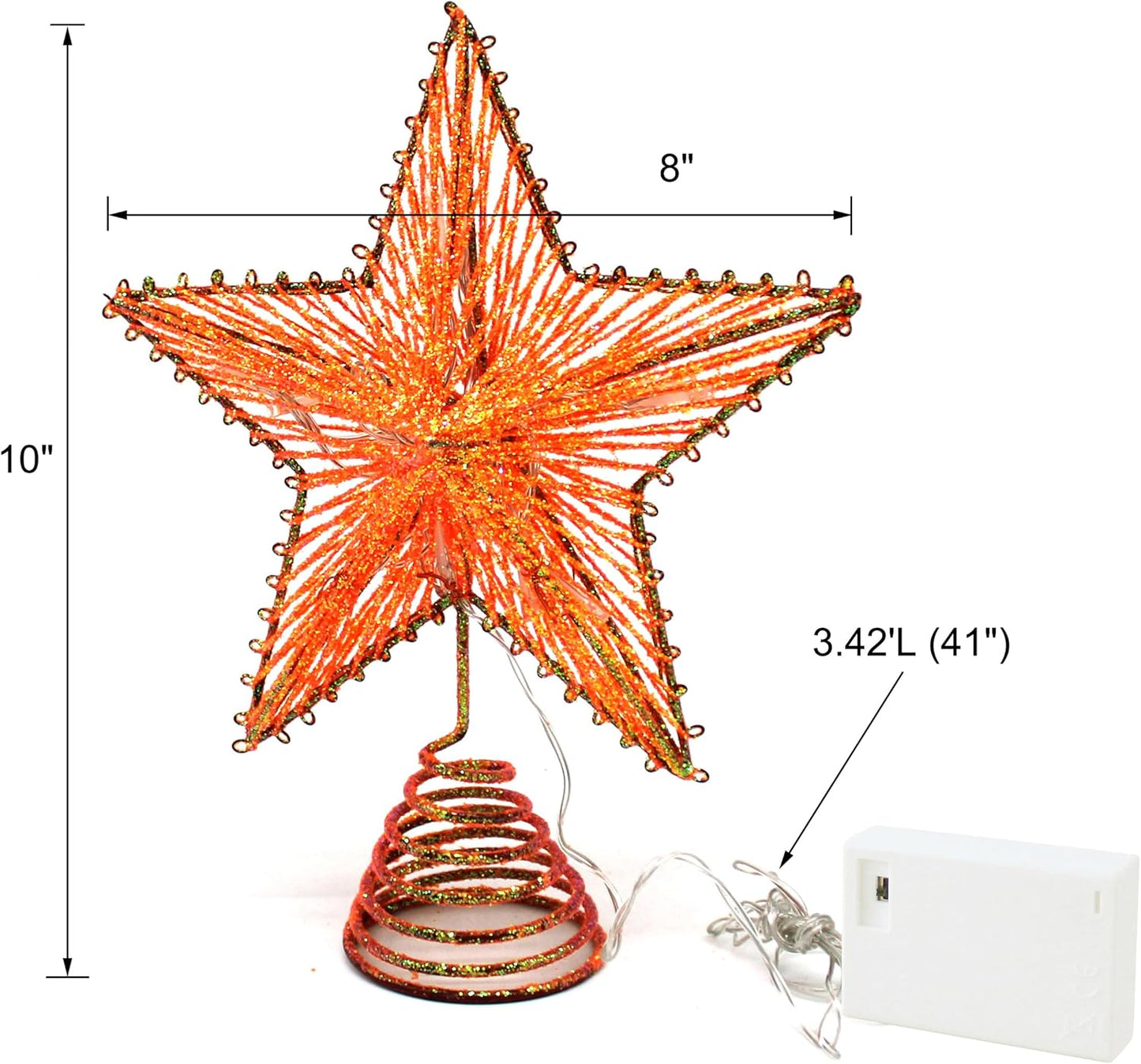 CVHOMEDECO. Orange Glittered 3D Tree Top Star with Warm White LED Lights and Timer for Christmas Tree Topper Decoration and Holiday Seasonal Décor, 8 x 10 Inch