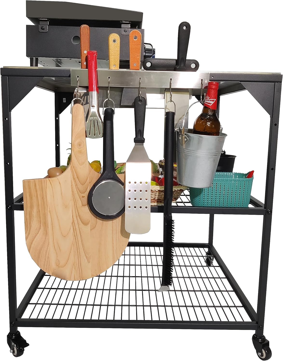 Stainless Steel 3-Tier Mobile Cart for Outdoor Grills & Pizza Ovens