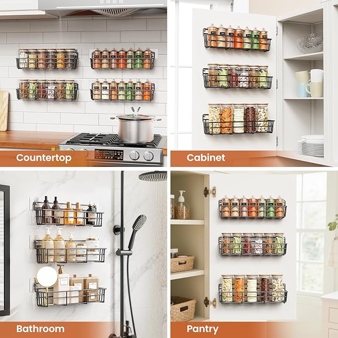 Spice Rack wall mounted 6 Pack, Space-Saving Spice Organizer for Spice Jars and Seasonings,Screw or Adhesive Hanging Spice Rack Organizer for Your Kitchen Cabinet,or Pantry Door
