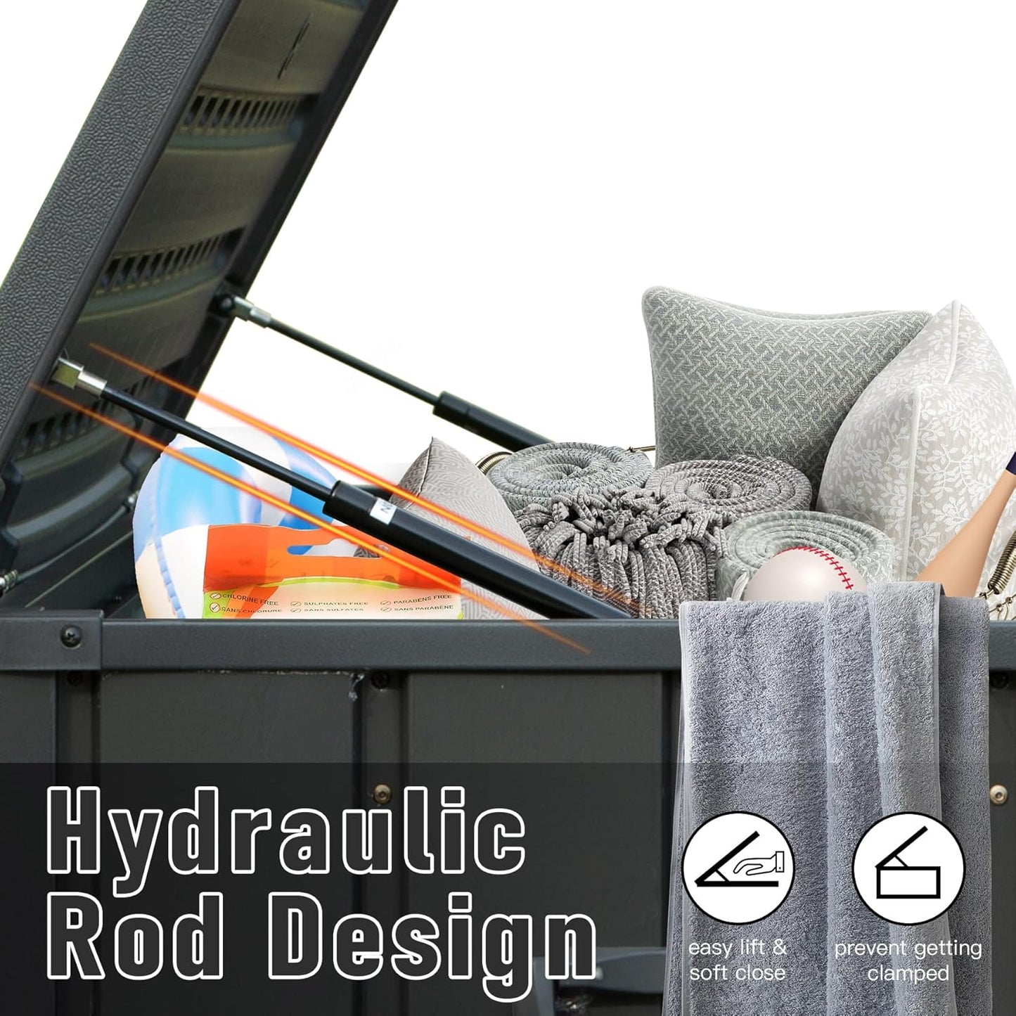 Domi 120 Gallon Deck Box, Patio Storage Box with Resin Lid, Steel Tool Waterproof Outdoor Storage Container for Outside Cushions, Lockable Outdoor Storage Bin for Garden and Pools Tools (Gray)