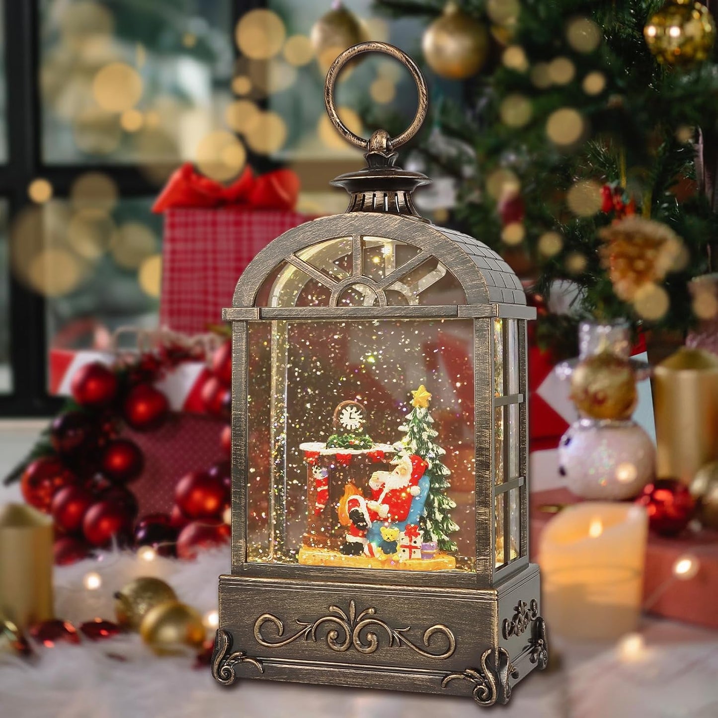 Christmas Snow Globes Lantern,Musical Snow Globe,Christmas Decorations Indoor for Home,Battery Or USB Powered,with 6 Hour Timer,Christmas Lantern for Festival Decoration,Santa Claus