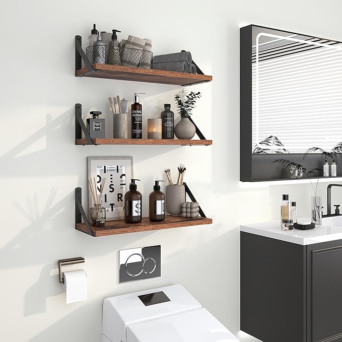 Heimlove Floating Shelves for Wall, 16 Inch Long Wood Floating Shelves Set of 3, Wall Mounted Hanging Shelf for Bathroom Bedroom Kitchen, Rustic Brown