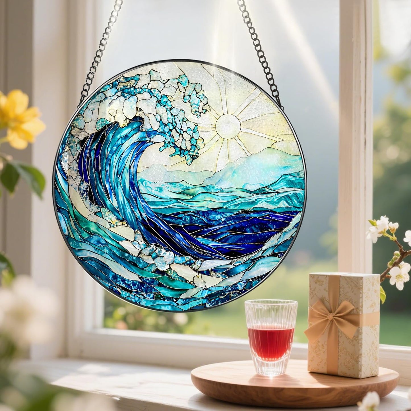 Stained Glass Window Hanging, 8 Inch Ocean Waves Stained Glass Suncatcher, Window Hanging Decor, Beach Decor, Ocean Suncatcher Gift, Beach Lover Gift, Gifts for Couples Friends Family