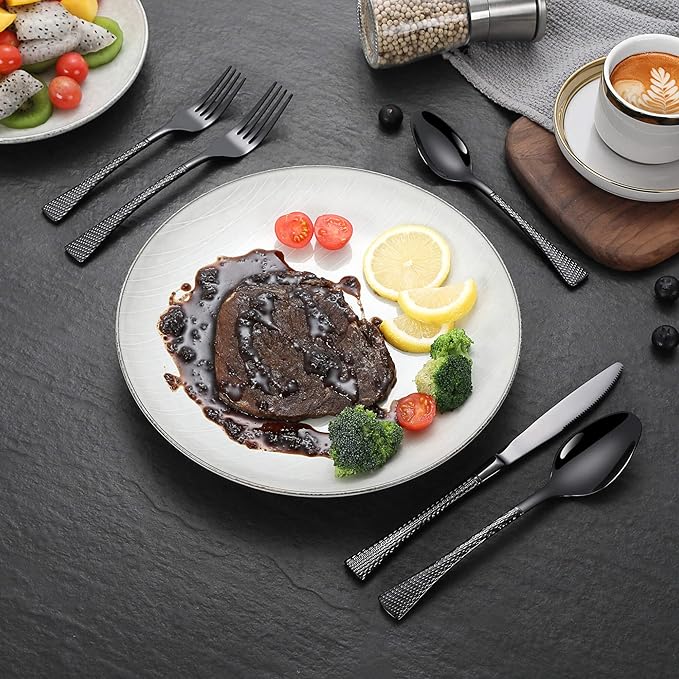 Hammered Black Silverware Set,20 Piece Modern Flatware Set Service for 4,Mirror Polished Stainless Steel Cutlery Set Utensil Set Tableware Set,Kitchen Knives Forks Spoons Set,Dishwasher Safe