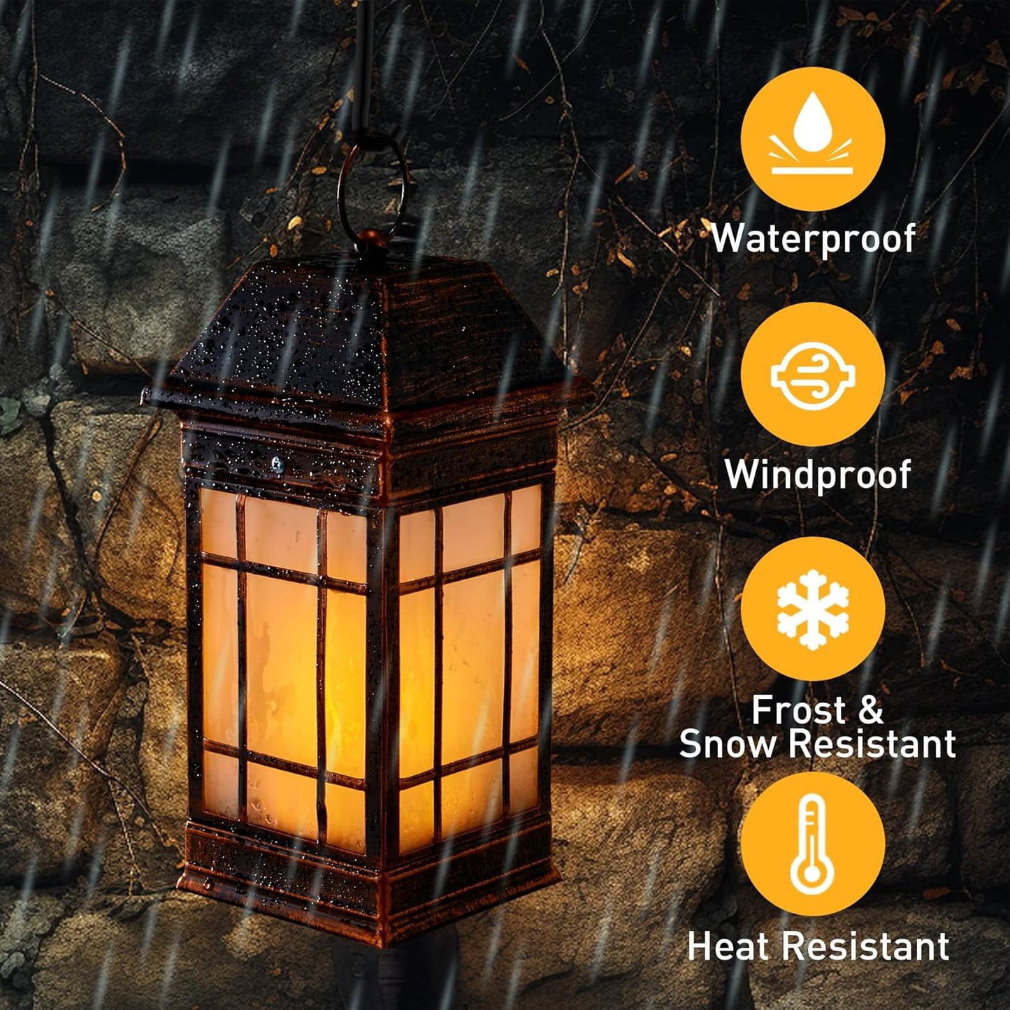 14" Solar Lantern Outdoor Waterproof, Glass Flickering Flame Solar Lanterns, Hanging Metal Lantern Decorative for Patio Front Porch Garden Backyard Tabletop Party Decoration