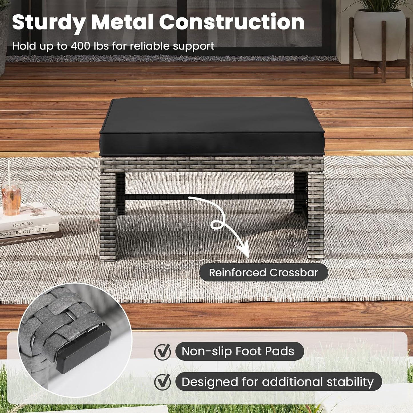 Tangkula 2 Pieces Patio PE Rattan Ottomans, Multipurpose Outdoor Footstool Footrest Additional Seating Side Table with Soft Zippered Cushions for Deck, Garden, and Yard (Black)