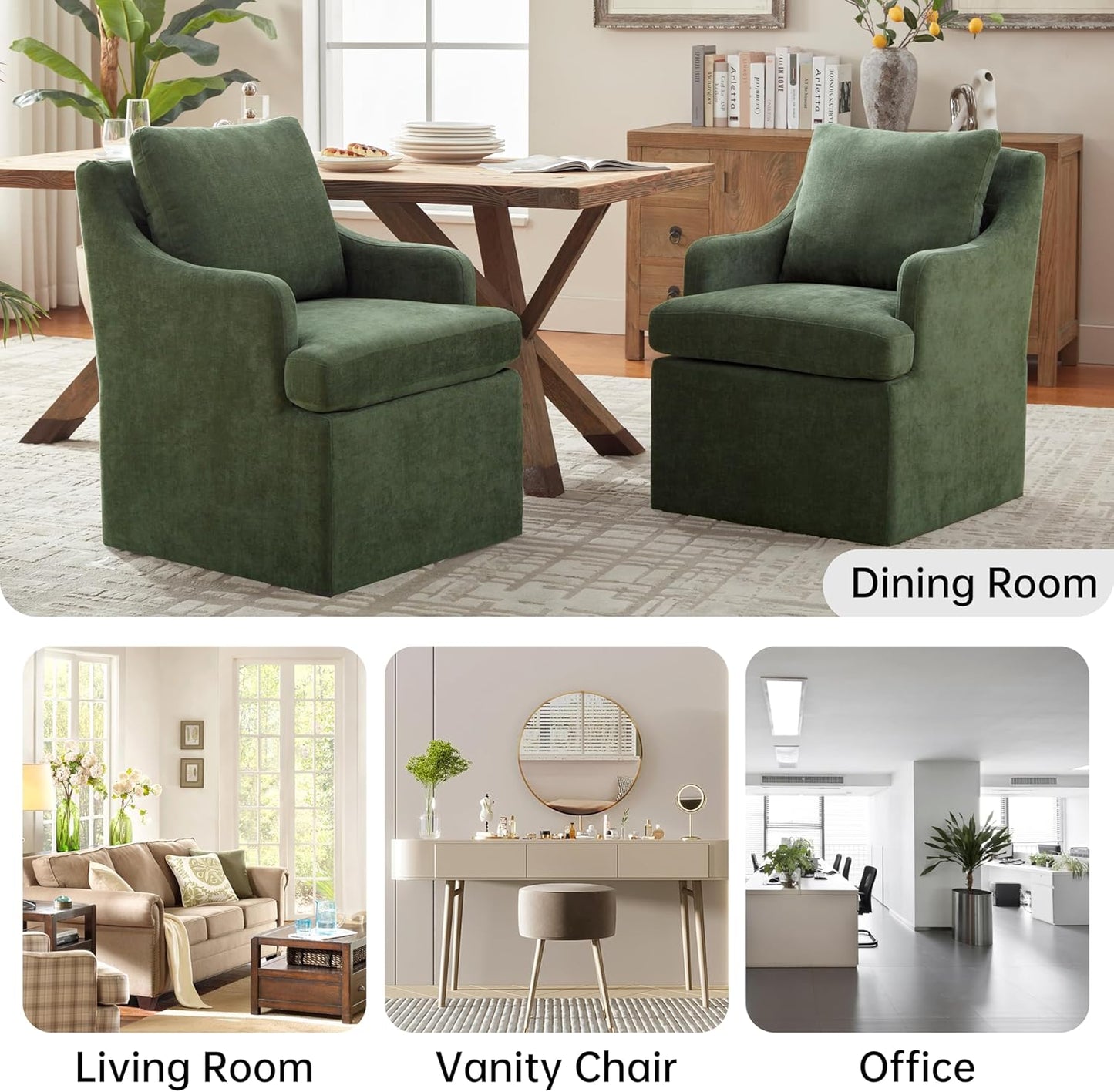 VKNOW Upholstered Dining Chairs, Modern Kitchen Chairs Dinner Chairs with 4 Casters, Linen Armchair for Bedroom Reading Room Living Room, Green