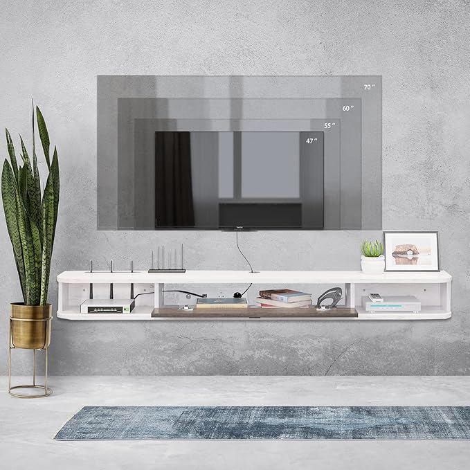 Pmnianhua Floating TV Console,63'' Wall-Mounted Media Console TV Cabinet Floating TV Stand Entertainment Shelf with Door and Storage (Grey White)