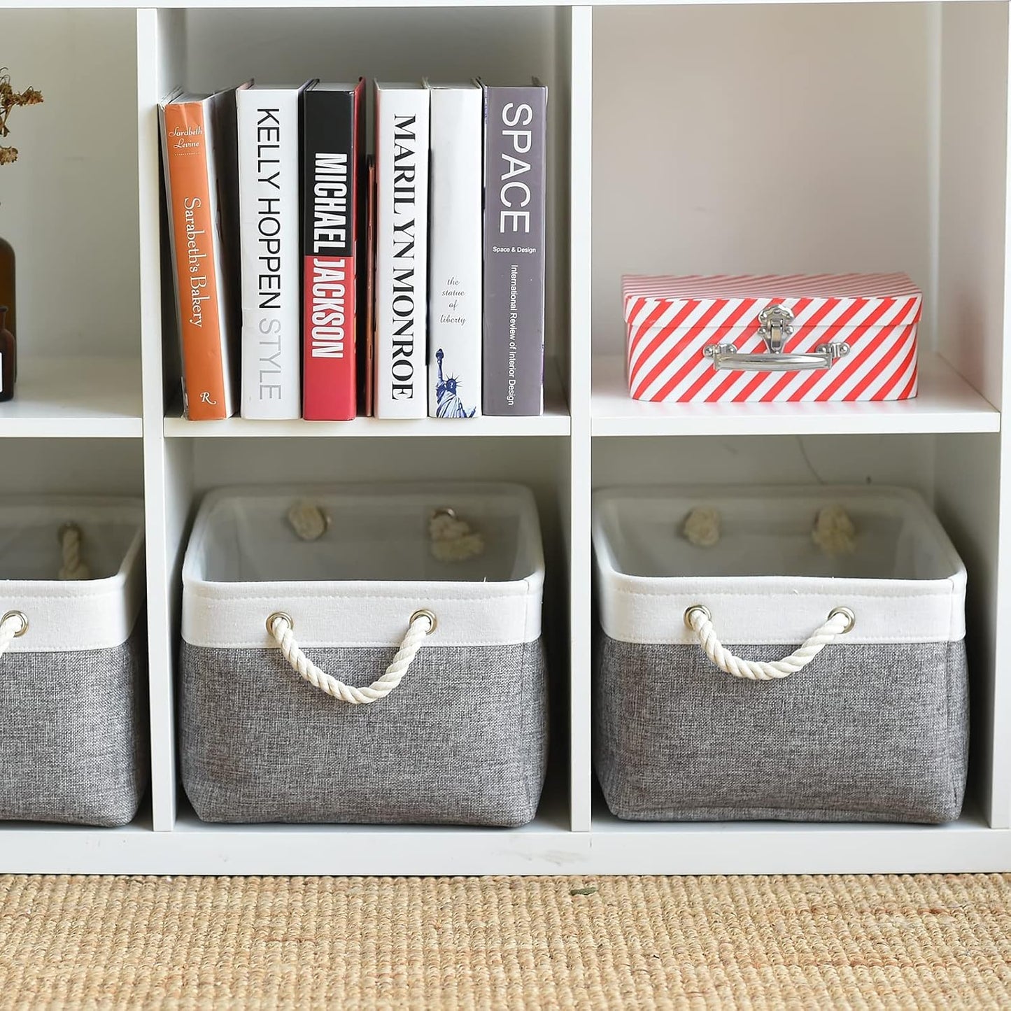 TheWarmHome Organization and Storage Basket for Organizing- 16x12x8 inch 1 Pack Fabric Storage Cubes, Collapsible Storage Bins for Shelves Organizer Gift Closet Cloth Toy (White & Grey)