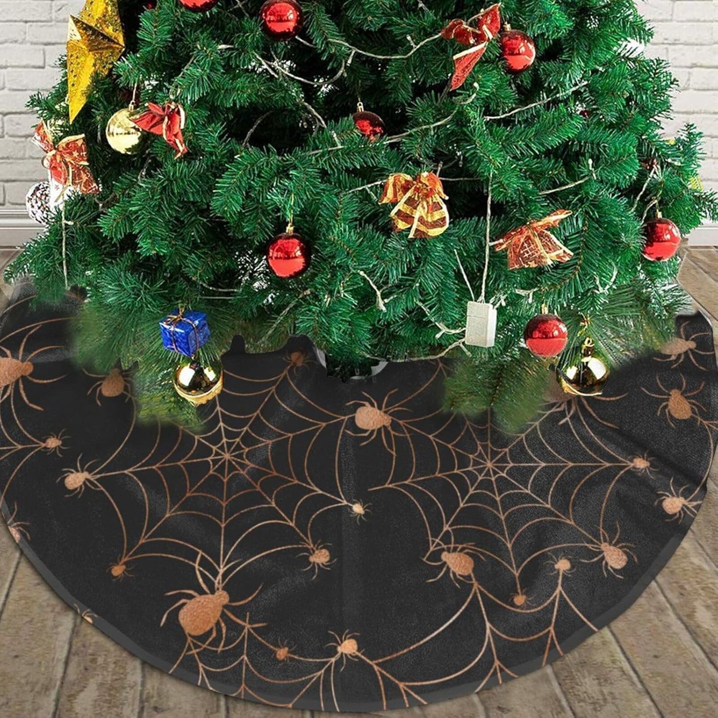 Christmas Tree Skirt,Gold Spider Web Xmas Tree Skirt Rustic Farmhouse Tree Skirt for Christmas Decor Xmas Holiday Home Party Decorations30