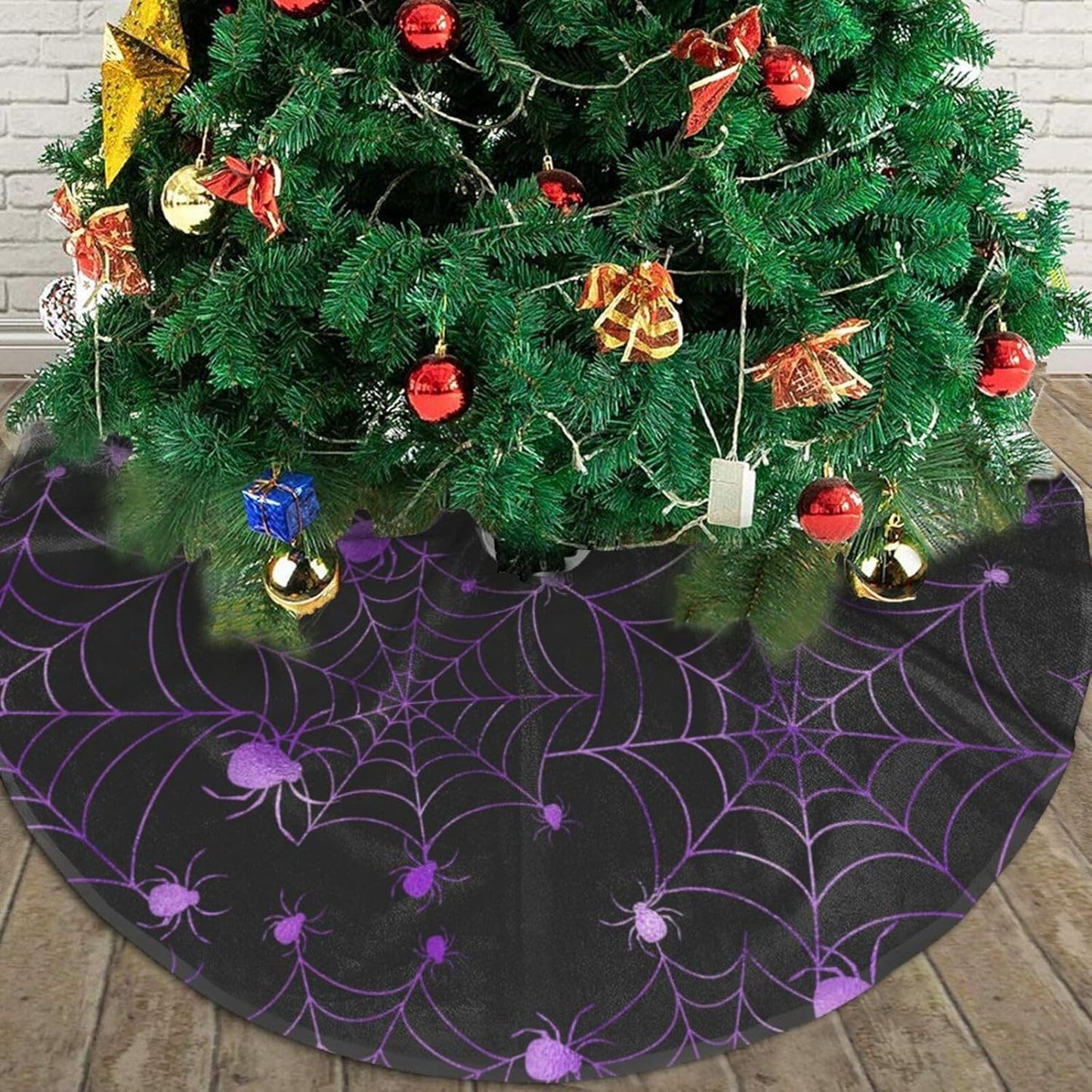 Christmas Tree Skirt,Purple Spider Web Xmas Tree Skirt Rustic Farmhouse Tree Skirt for Christmas Decor Xmas Holiday Home Party Decorations30