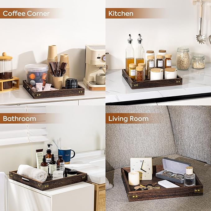 Yangbaga Serving Tray with Handles,12.5"*12.5"Wood Decorative Tray for Living Room,Modern Coffee Table Tray,Square Large Serving Platters for Home Decor,Ottoman,Bed,Kitchen,Bathroom, Breakfast,Bar