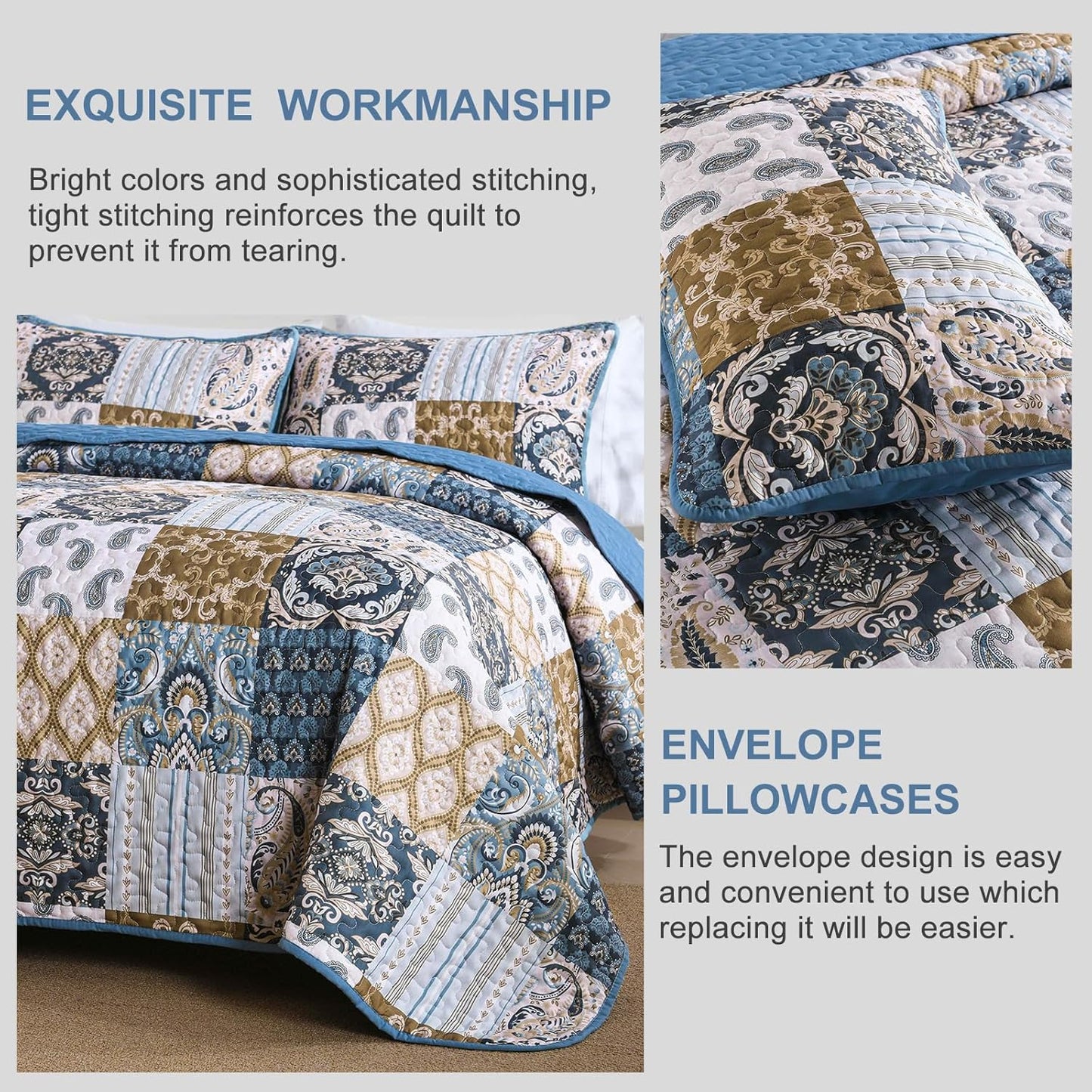 WONGS BEDDING Boho Quilt Set King Size, Blue Patchwork Plaid Bedspread Bedding Sets Paisley Soft Microfiber Quilts for King Bed 3 Pieces Coverlet Set for All Season (104"x90")