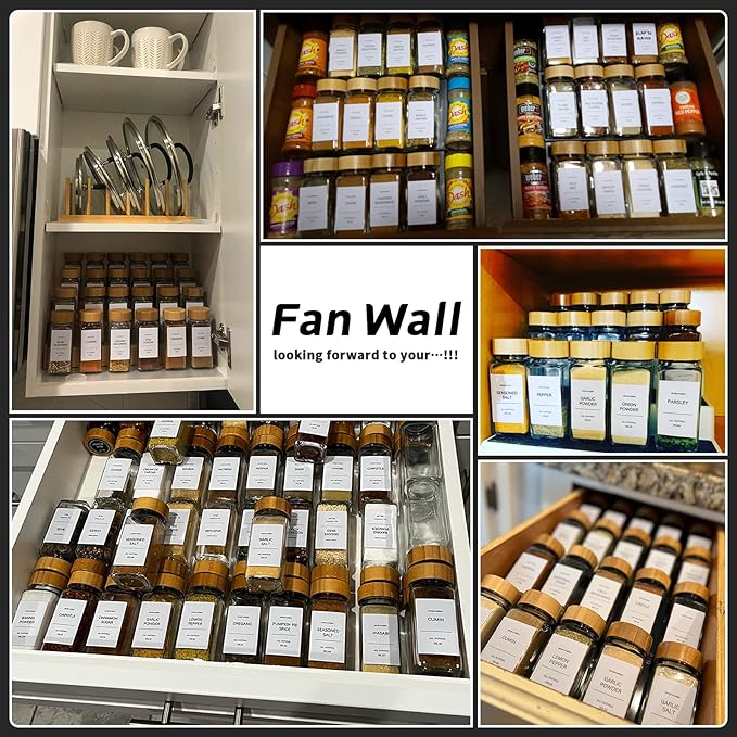 DIMBRAH Spice Jars with Label-4oz 36Pcs, Glass Spice Jars with Bamboo Lids, Container Set with White Printed Labels,Kitchen Empty Jars with Shaker Lids