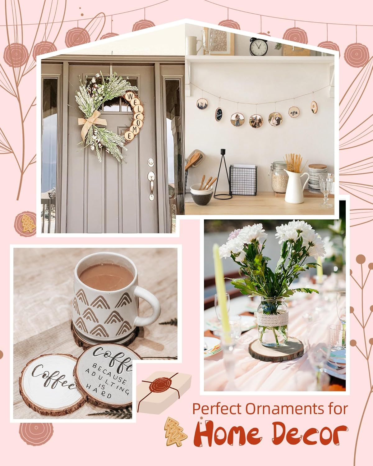 Unfinished Wood Slices with Hole, Natural Wood Circles Blank with Bark for DIY Crafts, Home Decor, Christmas Ornaments (30Pcs, 2.8-3.1 Inch)