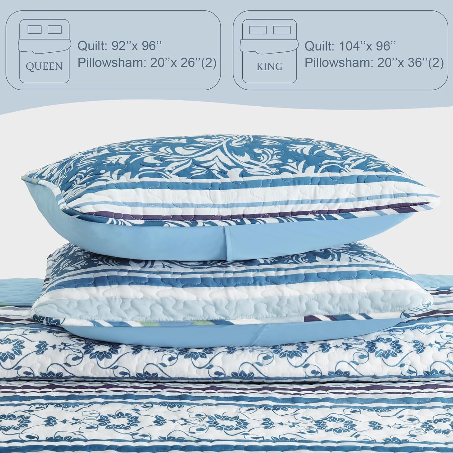 Exclusivo Mezcla Reversible Boho Quilt Set Queen Size, 3 Pieces Bohemian Striped Blue All Season Bedspreads, Ultra Soft Floral Coverlet Bedding Set with Printed Pattern (1 Quilt, 2 Pillow Shams)