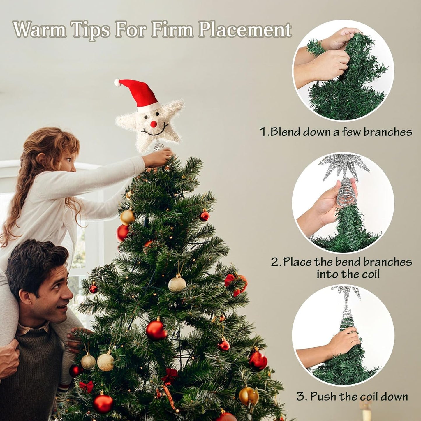 Christmas Tree Topper Star Snowman with Warm White 20 LED Lights, Xmas Tree Topper Star for Holiday Seasonal Decor, Battery Required Outdoor Indoor