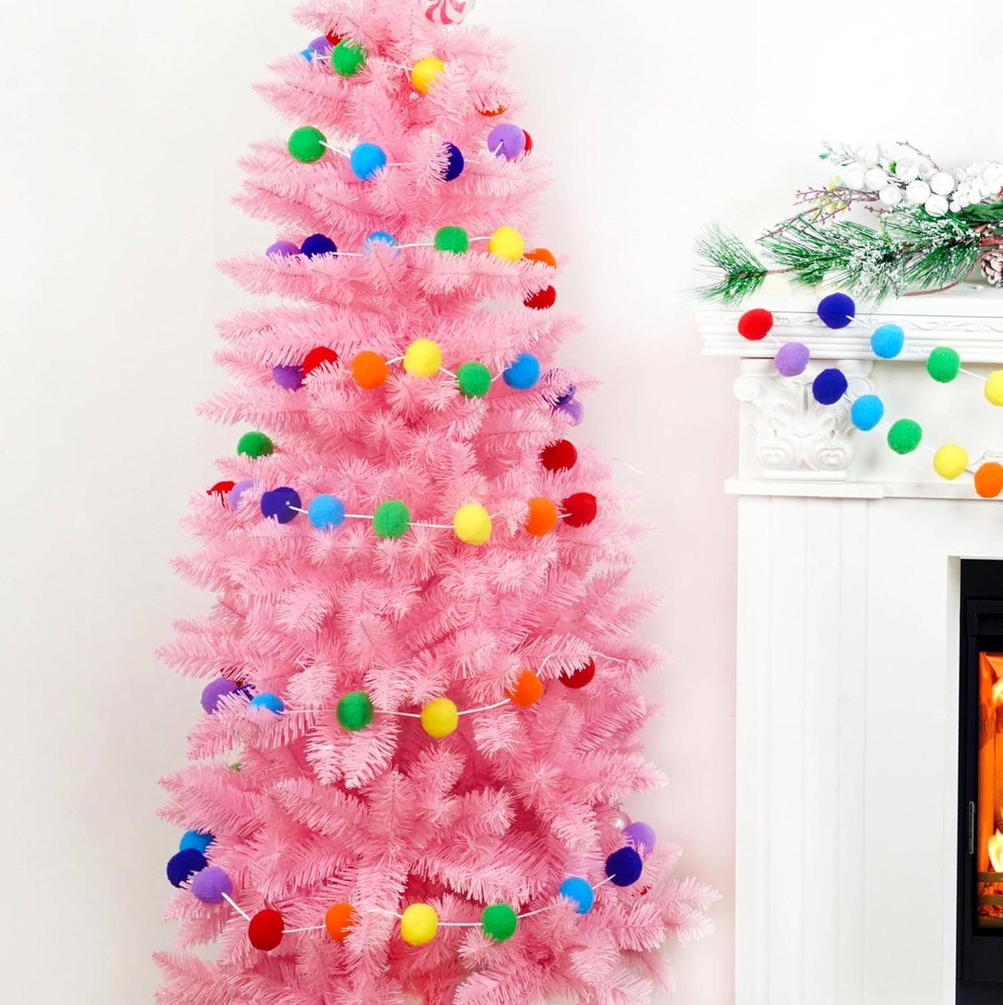 XmasExp Rainbow Colorful Pom Pom Garland Decorations, Large Felt Ball Garland for Classroom, Mantle, Indoor Home Decor, Tree Ornaments, Kids Room and Party Hanging Decor,1.57" 13 Ft