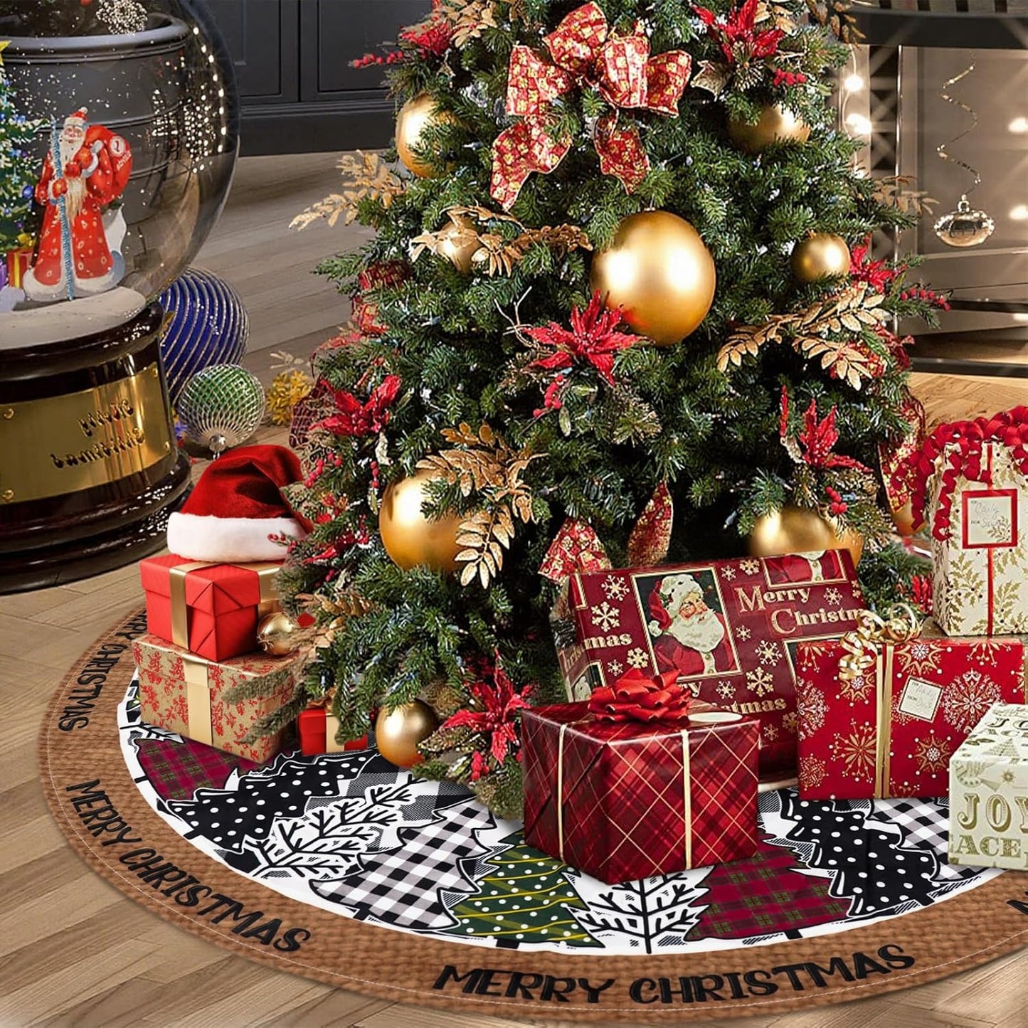 Christmas Tree Skirt 48 Inch, Black and White Buffalo Plaid Xmas Tree Skirts, Winter Christmas Trees Mat for Home Party Holiday Indoor Outdoor Decorations