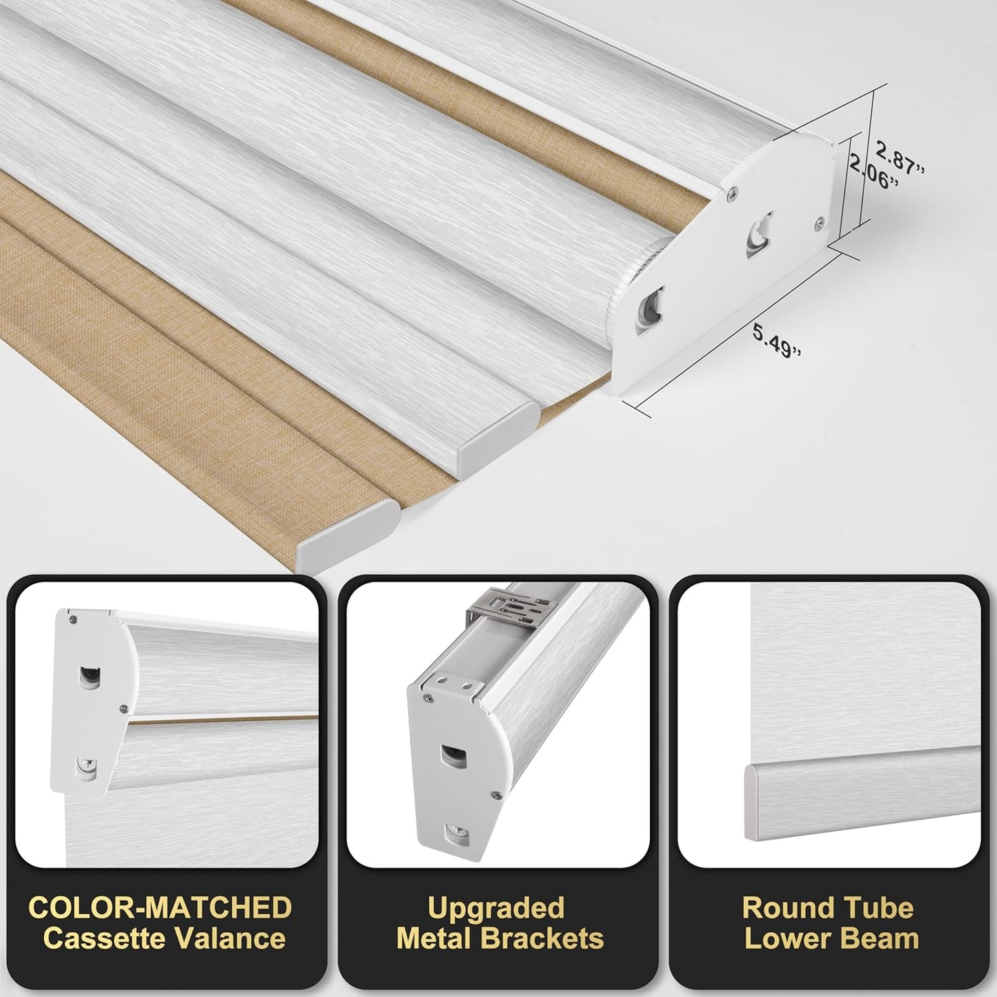 Berrissa Cordless Dual Roller Shades with Cassette Valance, Double Window Shades with Blackout and Light Filtering Day and Night Roller Shades, Linen Beige and White. 38 W x 44" H