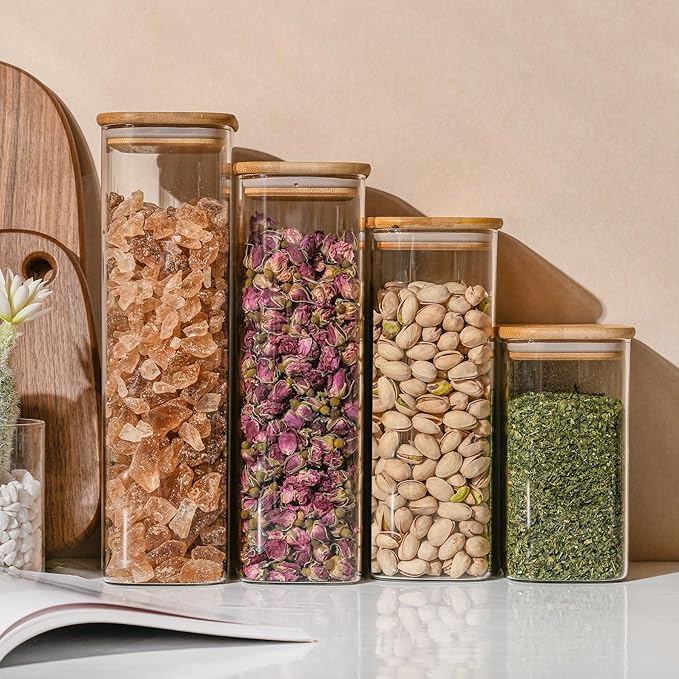 56oz Rectangle Airtight Glass Storage Containers with Bamboo Lids (Set of 3), Square Food Storage Jar, Pantry Organizers for Oats, Cereal, Pasta and Coffee beans (with Black Lable)